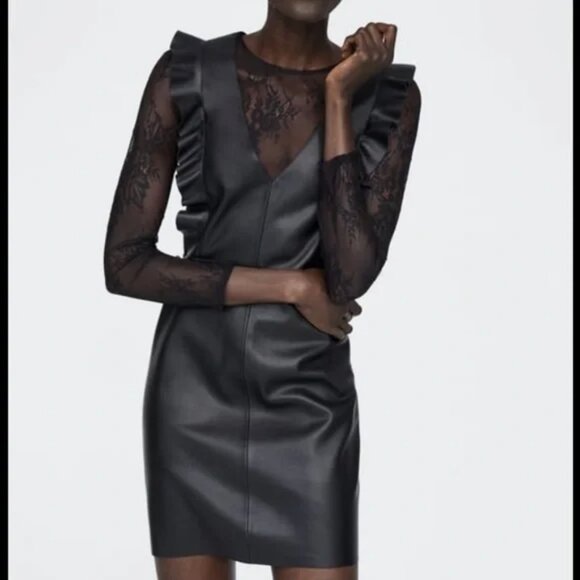 Zara Faux Leather Mini Dress with Lace Sleeves and Ruffled Bodice - Picture 1 of 8
